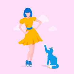 Fototapeta premium Girl in the orange dress with cute blue cat in flat style