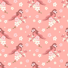 vector seamless pattern with cherry blossom branches and cute birds. spring pattern in flat style for printing on fabric, clothing, wrapping paper