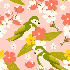 vector seamless pattern with cherry blossom branches and cute birds. spring pattern in flat style for printing on fabric, clothing, wrapping paper