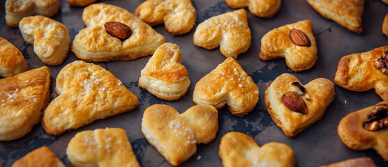 Freshly puff dough heart shaped cookies, top view close up. St Valentine's Day concept. Abstract bakery background with copy space.