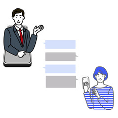 スマホで男性税理士にチャット相談する人の線シンプルな画のベクターイラスト