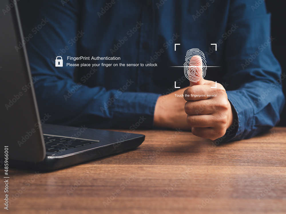 Poster a businessman scan fingerprint biometric identity to access personal data.