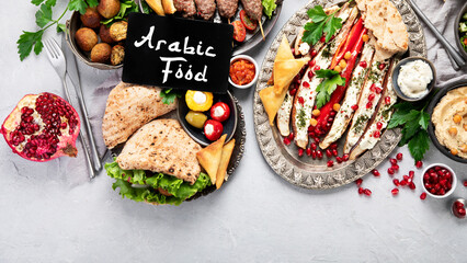 Lebanese food assortment on light background.