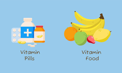 Vector illustration of vitamin pills vs. natural food. Healthy eating concept. Flat style.