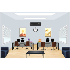 Modern style business office with large size two tables, sofa sets, and computers. Flat vector illustration. 