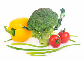 Set of various vegetables. Broccoli, tomatoes, peppers. White background.
