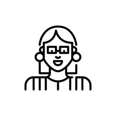 Pretty young woman with a bob haircut wearing glasses and striped shirt. Pixel perfect, editable stroke icon