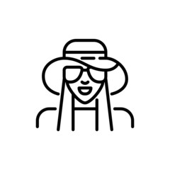 Girl with long hair wearing a hat and sunglasses. Pixel perfect, editable stroke icon