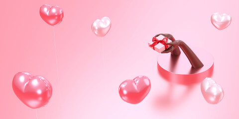 ピンクの背景に浮かんだバルーンとプレゼントを手渡す女性の手のオブジェ / コピースペースのあるバレンタインギフトのコンセプトイメージ / 3Dレンダリンググラフィックス
