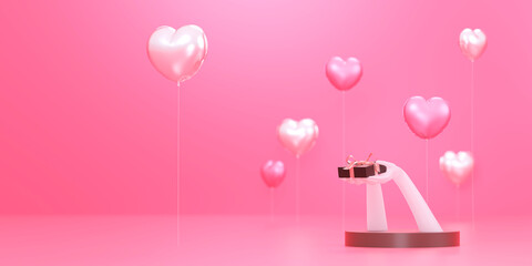 ピンクの背景に浮かんだバルーンとプレゼントを手渡す女性の手のオブジェ / コピースペースのあるバレンタインギフトのコンセプトイメージ / 3Dレンダリンググラフィックス