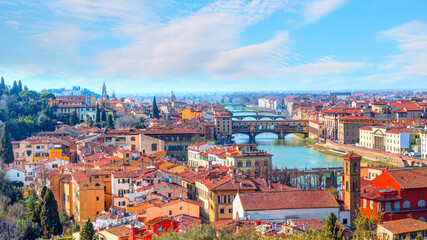 Fototapeta na wymiar Panoramic view of Florence with Ponte Vecchio over Arno river - Florence, Italy