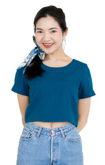 Fototapeta premium Portrait isolated cutout studio shot of Asian beautiful friendly young ponytail hair female model in casual shirt and jeans standing posing holding hand up crossed arm smiling on white background