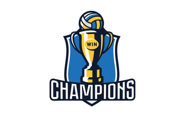 Volleyball champions logo, emblem. Colorful emblem of the cup with a ball on the background of the shield. Volleyball champions logo template, championship winners, league cup. Vector illustration