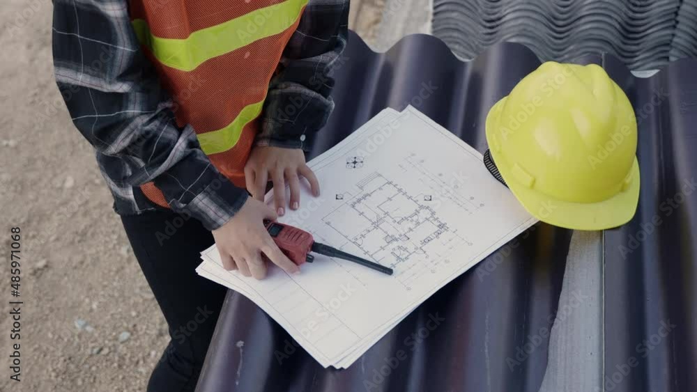 Poster architect and client discuss help create plan with blueprint of the building at construction site fl