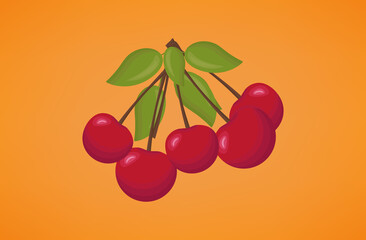 Red cherry poster. A branch of ripe berries with leaves on an orange background. Delicious, sweet, juicy fruits close-up. Contemporary art for decoration. Five cherries on one branch together. Vector 