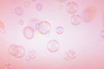 Beautiful Transparent Pink Soap Bubbles Texture Background.	