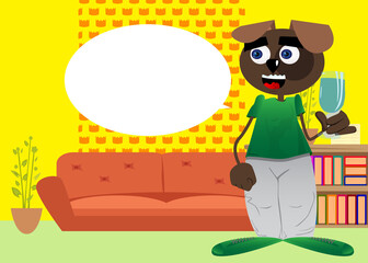 Funny cartoon dog with a glass of water. Vector illustration.