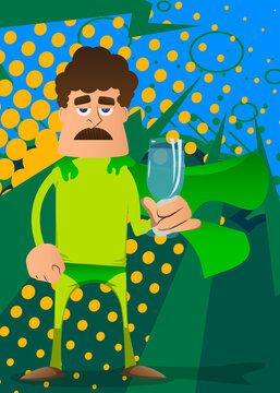 Funny cartoon man dressed as a superhero with a glass of water. Vector illustration.