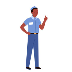 African american man seller showing thumb up. Male salesman giving positive finger gesture flat vector illustration