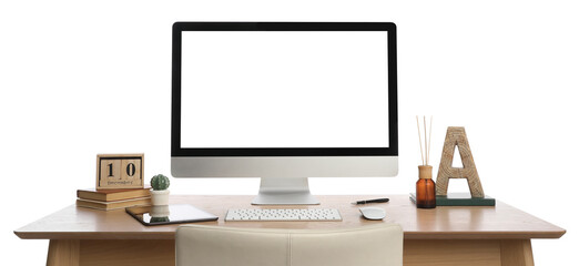 Wooden table with modern computer, decor and stationery on white background