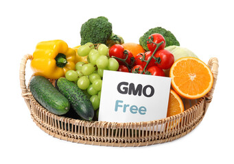Tasty fresh GMO free products and paper card on white background