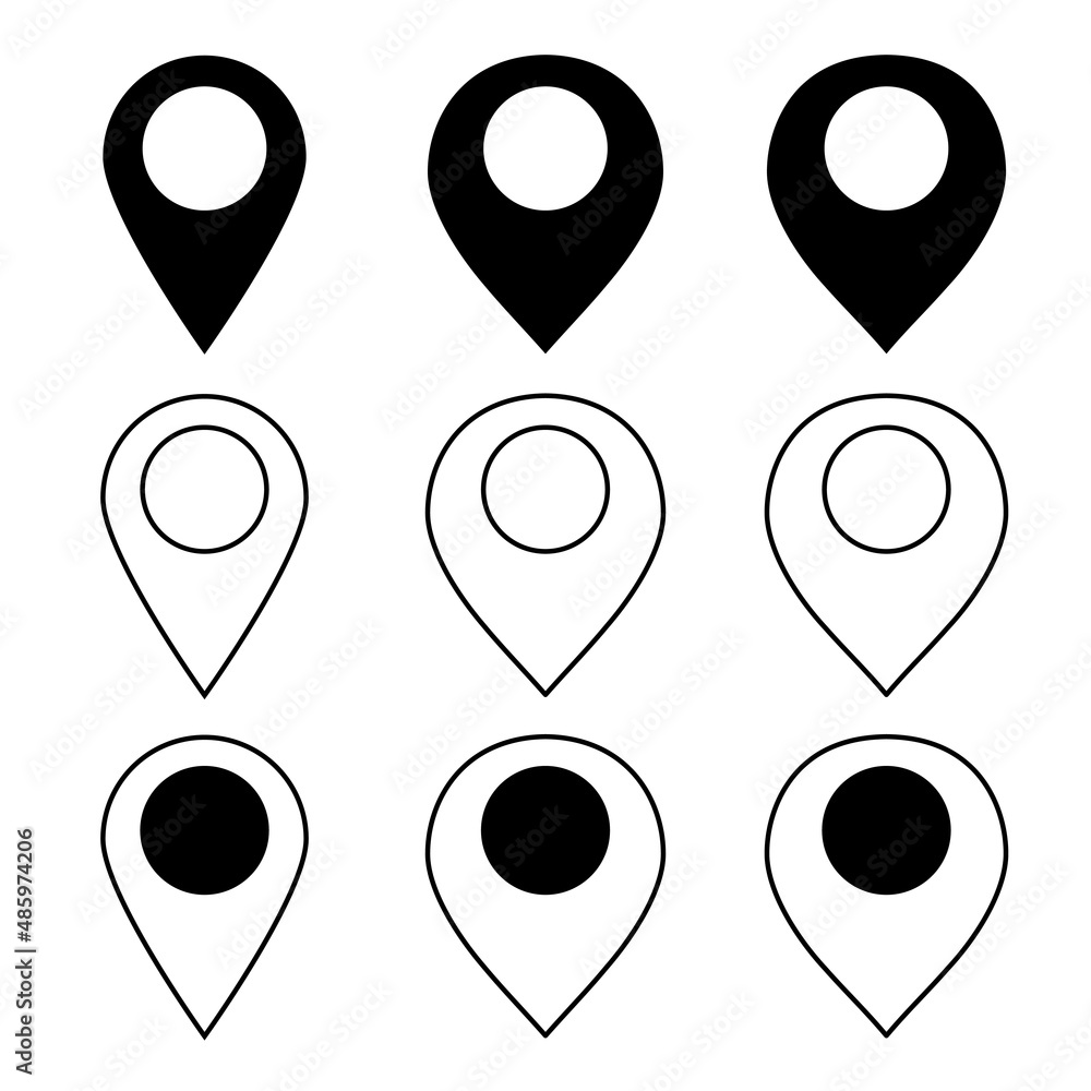 Poster Map location vector icons set. Black and white colors. Vector.