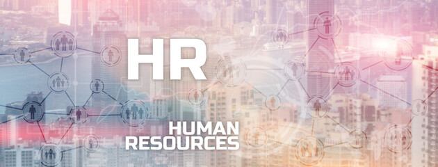HR - Human resources management and recruitment concept on modern city. Double exposure people network structure