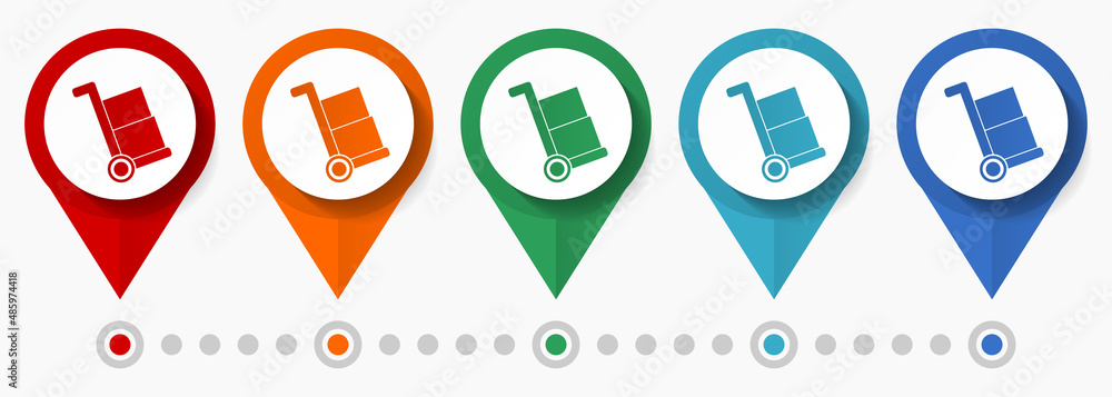 Poster barrow, delivery service concept vector icon set, flat design distribution pointers, infographic tem