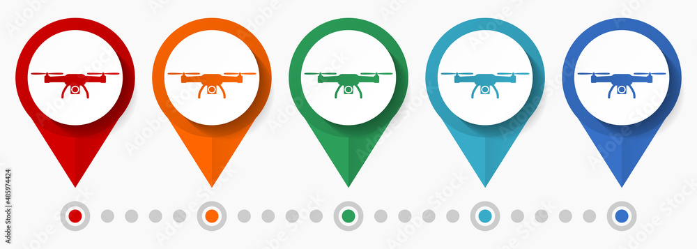 Poster drone concept vector icon set, flat design pointers, infographic template