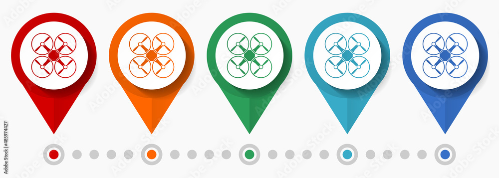 Poster Drone concept vector icon set, flat design pointers, infographic template