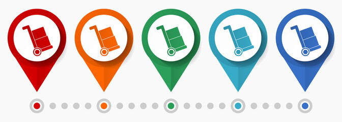 Barrow, delivery service concept vector icon set, flat design distribution pointers, infographic template