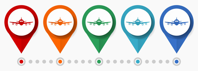 Plane, airplane, travel concept vector icon set, flat design flight pointers, infographic template