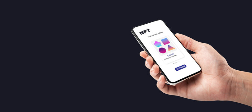 hand businessman holding smartphone with cryptographic NFT marketplace art for sale