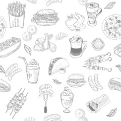 Seamless pattern with fast food, engraved sketch. Classic burger, package of French fries, fried crispy chicken leg, barbecue, grilled sausages, shawarma, hot dog and pizza.