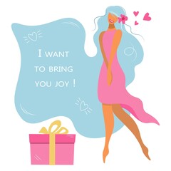 Banner, greeting card, in gentle pastel colors. Cute girl, woman with a gift and hearts. Signature. I want to bring you joy. Positive vector isolated illustration. Flat style. Template, copy space.