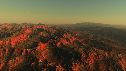 science fiction illustration, alien planet landscape with strange rock formations, fictional space scene, rocky hills and mountains	
