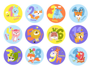 Baby stickers with cute animals from 1 to 12 months. Vector illustrations in cartoon Scandinavian style with numbers. Illustrations for printing.