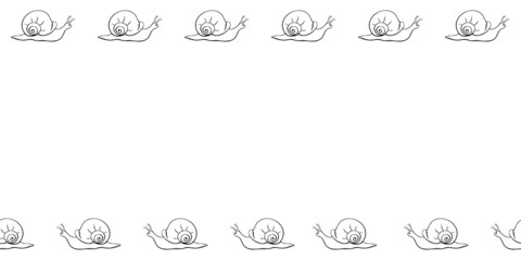 Vector hand drawn border, frame of outline cute snails in doodle style. Horizontal top and bottom edging, decoration for Natural design, kids theme