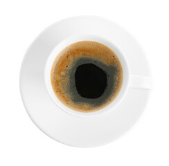 Cup of tasty coffee isolated on white, top view