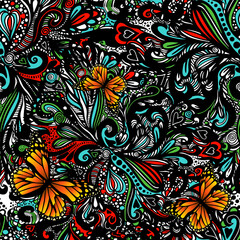 Naklejka premium Seamless background from multicolored flowers and butterflies. Vector illustration