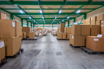Logistics warehouse with cartons on the pallet.