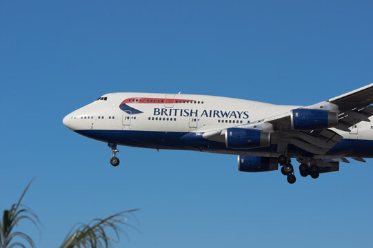 Los Angeles, California, USA - June 7, 2015: British Airways Boeing 747 shown approaching LAX, Los Angeles International Airport, for landing. All British Airways Boeing 747s are now retired.