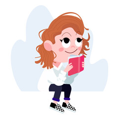 Memorizing girl with book flat cartoon vector illustration.