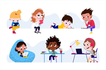  7 vector studying, reading, using gadgets children characters in flat cartoon style