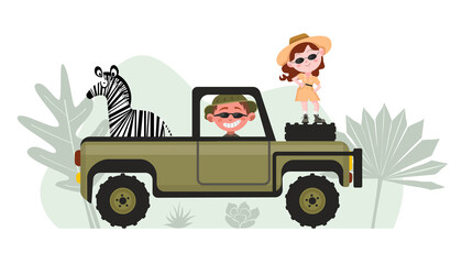 Safari car with kids scout vector characters and zebra on botanic background in flat cartoon style.