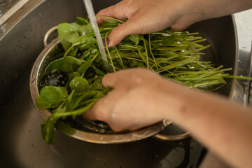 Happy and healthy young woman meal prepping whole vegetarian meal in the kitchen. High quality photo