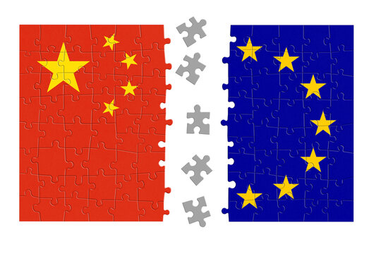 Puzzle made from China and Europe Union flags. Relationship between China and EU