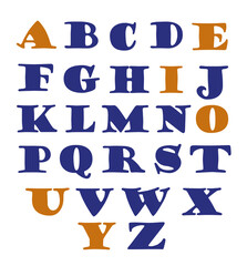 English alphabet. Alphabet for learning English. Bright memorable letters, orange vowel letters, blue consonant letters