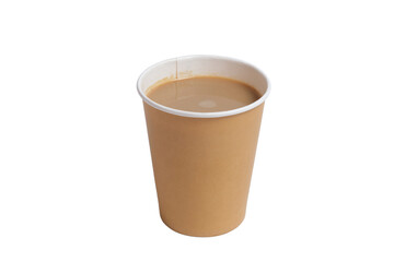 Disposable coffee cup with coffee on a white background.