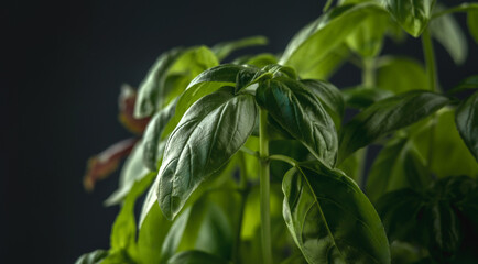 Fresh green fragrant basil with beautiful juicy leaves closeup on a dark background